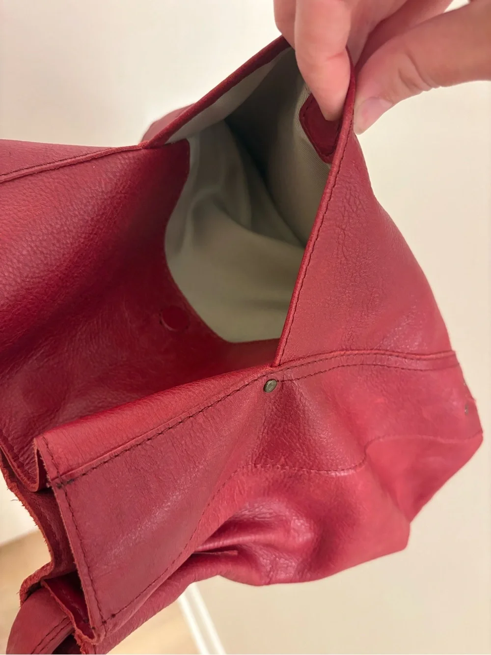 American Leather Co Red Pebble Leather Hobo Shopper Tote Bag Slouchy Studs
